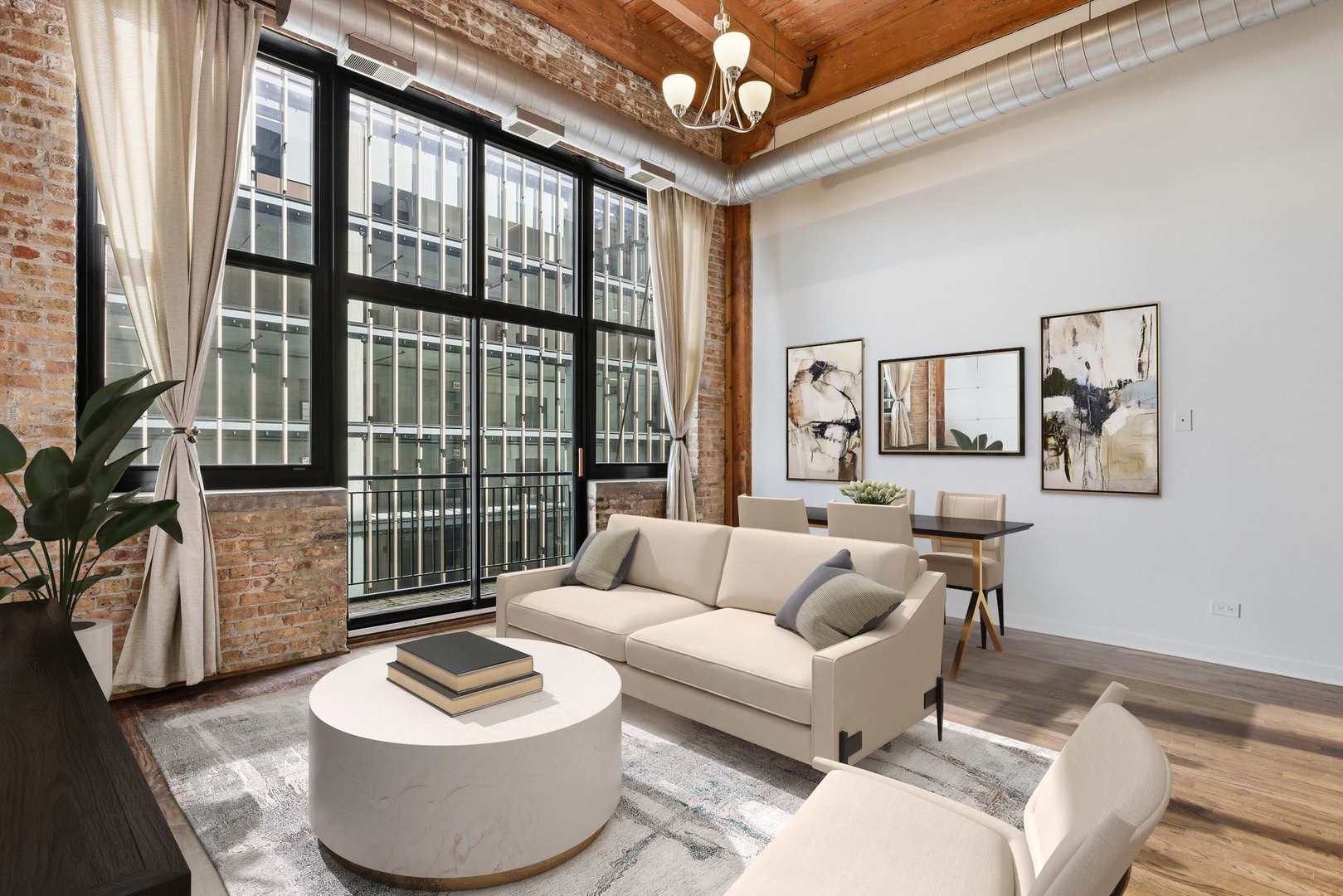 215 North Aberdeen Street, Unit 607B Chicago, IL 60607 - Photo 2 of 12 a living room with furniture and a floor to ceiling window