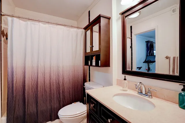 a bathroom with a sink a toilet and a large mirror