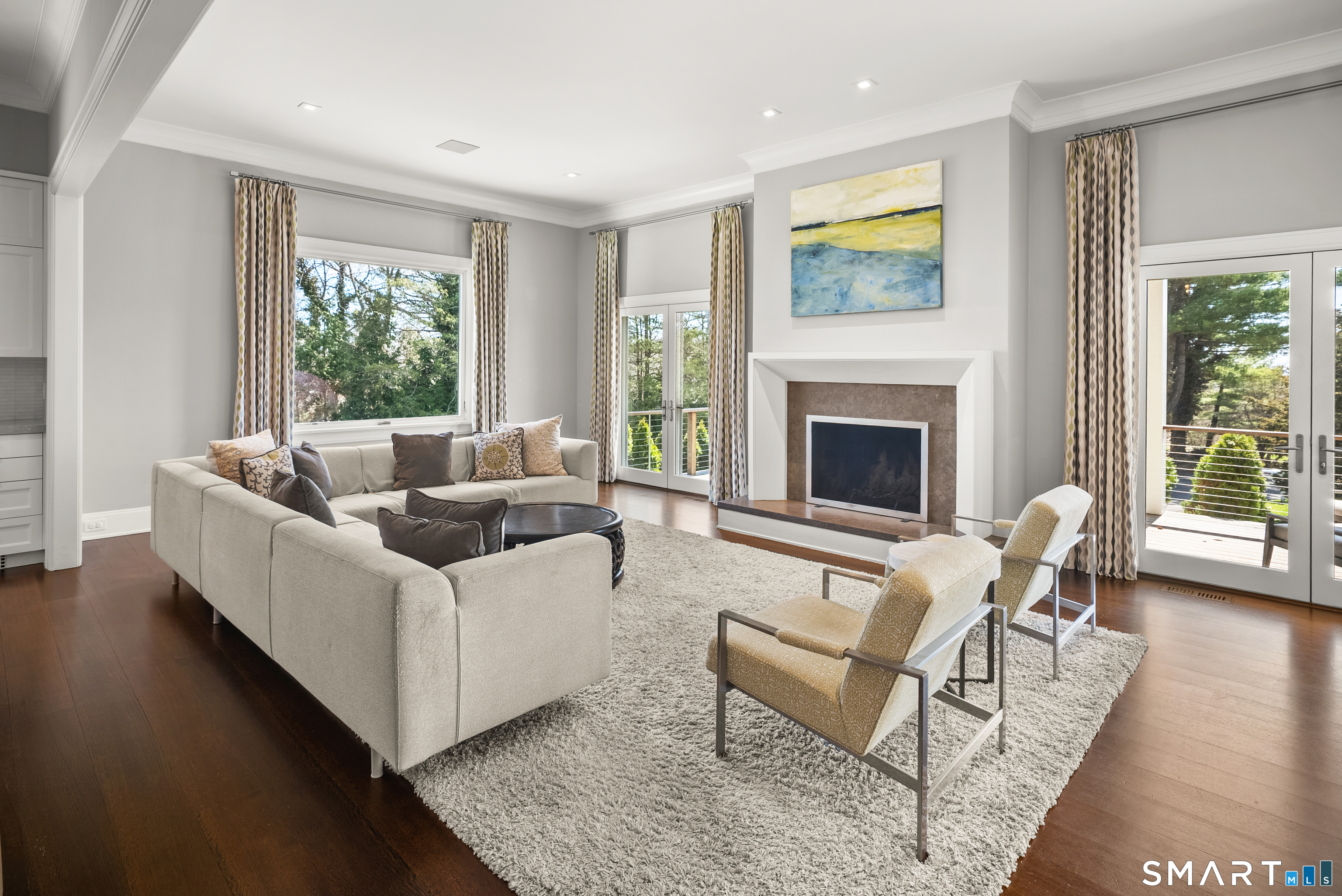 3 Stony Point Road Westport, CT 06880 - Photo 7 of 38 French doors open to expansive front deck. Wood burning fireplace