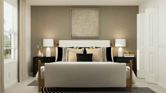 a bedroom with a bed and window