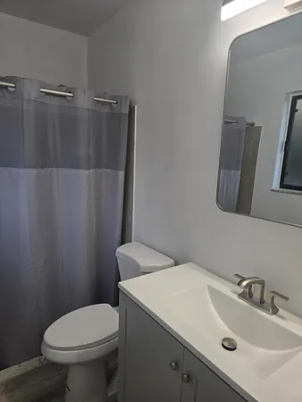 a bathroom with a sink toilet and mirror