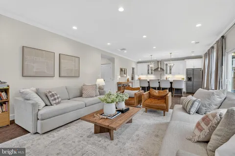 a living room with furniture a wooden floor and a potted plant