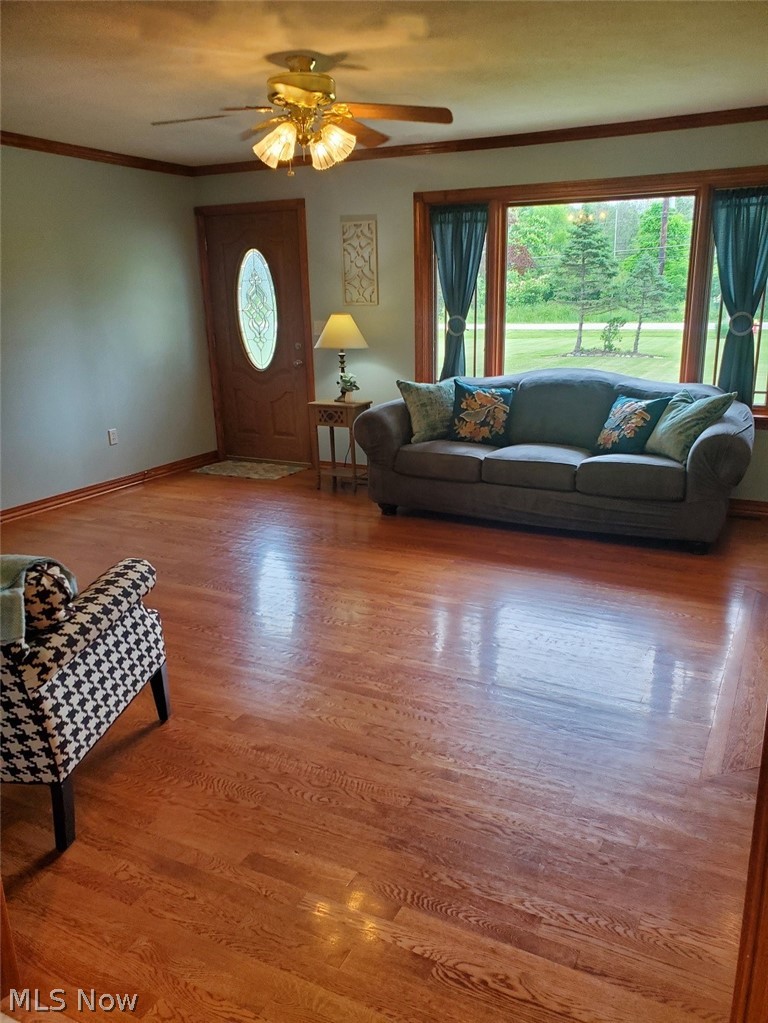1284 Substation Road Brunswick, OH 44212 - Photo 9 of 26 Living room with hardwood / wood-style floors, ornamental molding, and ceiling fan