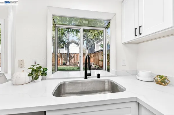 a bathroom sink with a potted plant