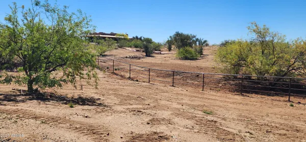 a view of a yard with wooden fence