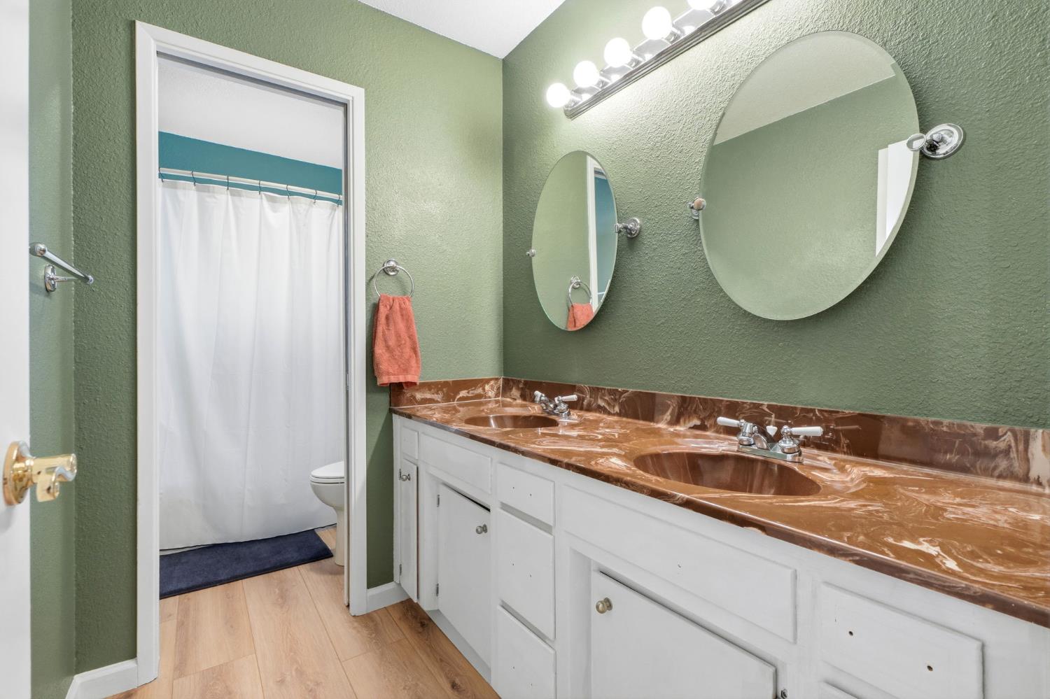 905 Redwood Lane Lemoore, CA 93245 - Photo 32 of 56 a bathroom with a double vanity sink and mirror