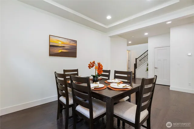 a view of a dining room with furniture