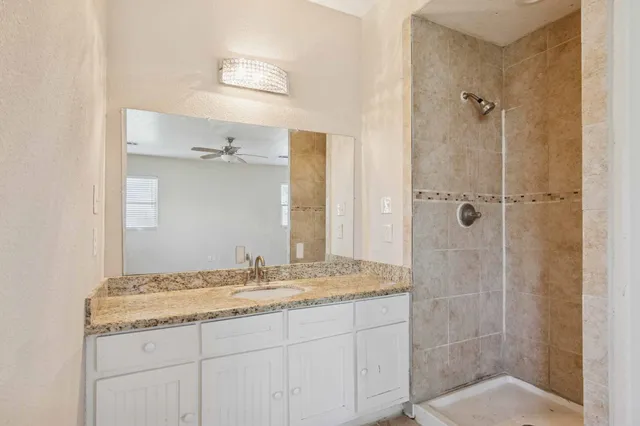a bathroom with a granite countertop sink a mirror and shower