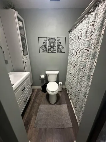 a bathroom with a toilet and a shower curtain