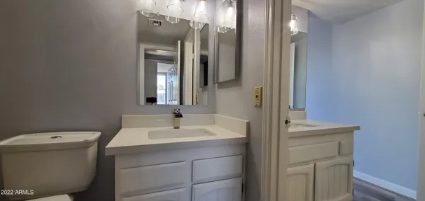 a bathroom with a sink a toilet and mirror