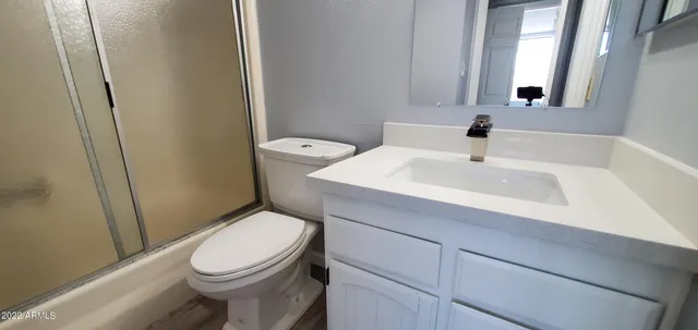 a bathroom with a sink a toilet and mirror