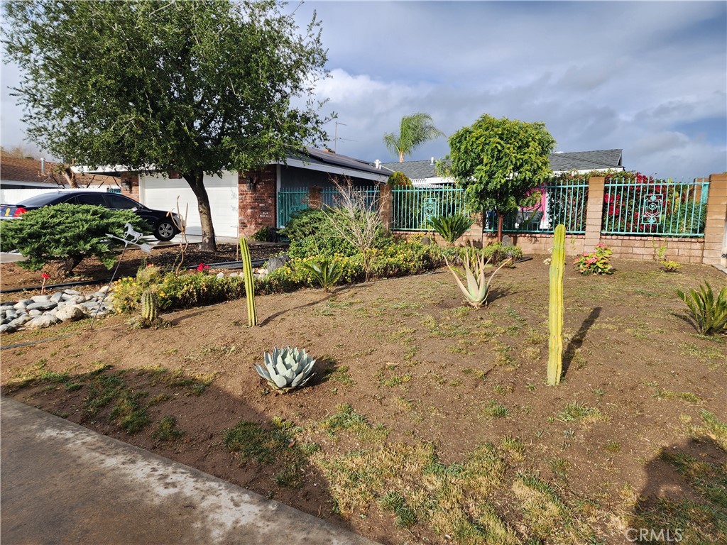 a view of a backyard with plants and a patio