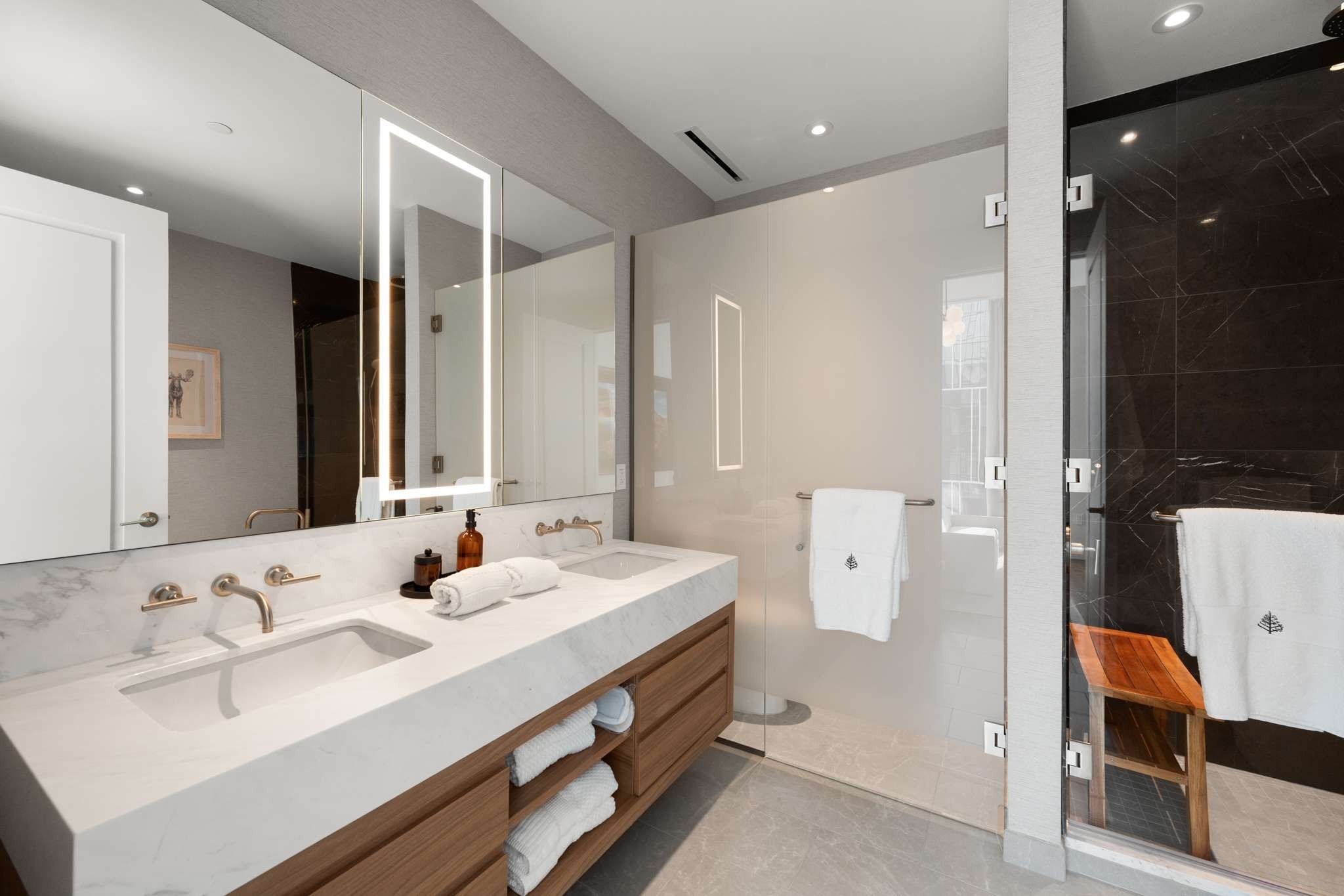 160 2nd Avenue South, Unit 1902 Nashville, TN 37201 - Photo 16 of 40 a bathroom with a double vanity sink mirror and shower