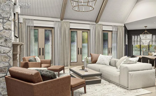 a living room with furniture a large window and wooden floor