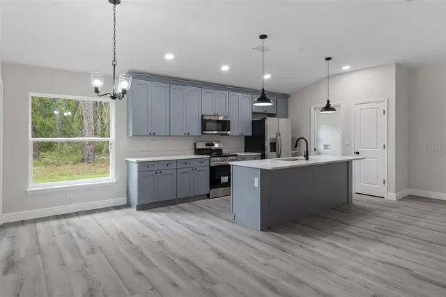 a kitchen with kitchen island a sink appliances and wooden floor