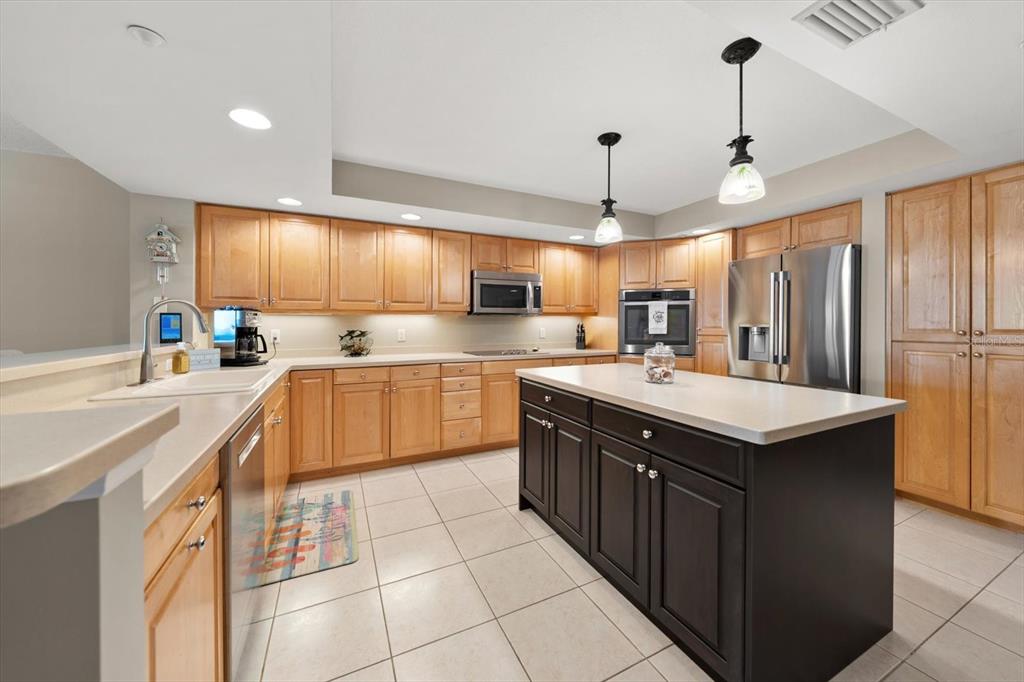 16326 Gulf Boulevard, Unit 206 Redington Beach, FL 33708 - Photo 16 of 42 a kitchen with stainless steel appliances granite countertop a sink counter space cabinets and a chandelier