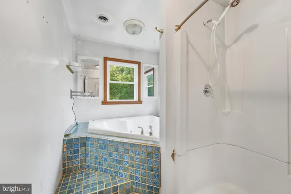 a bathroom with a bathtub and shower