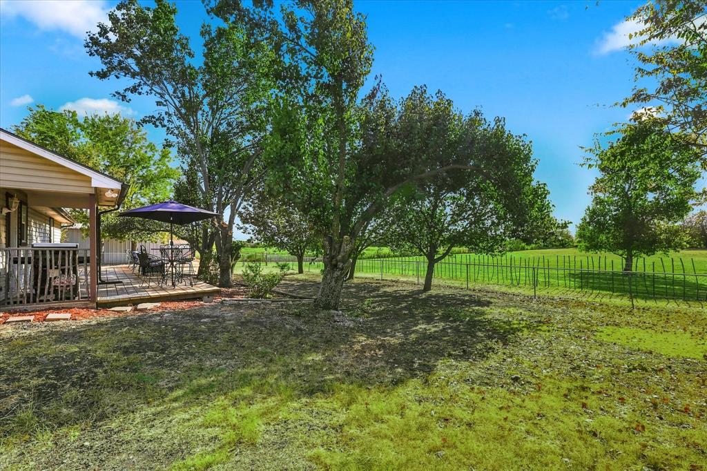 5855 Ge Horton Road Justin, TX 76247 - Photo 27 of 34 Expansive exterior space with a raised wooden deck, mature trees, and a green landscape