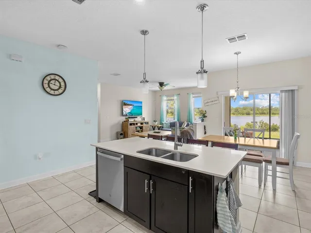 a kitchen with a sink a counter space appliances and cabinets