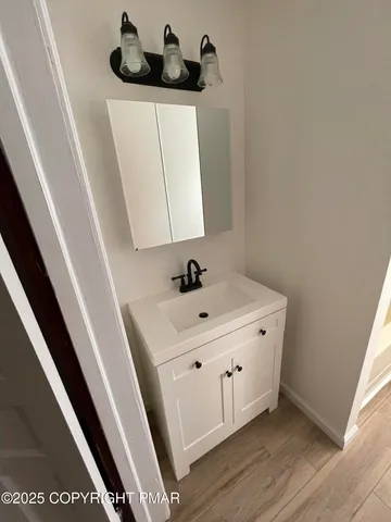 a bathroom with a sink and a mirror