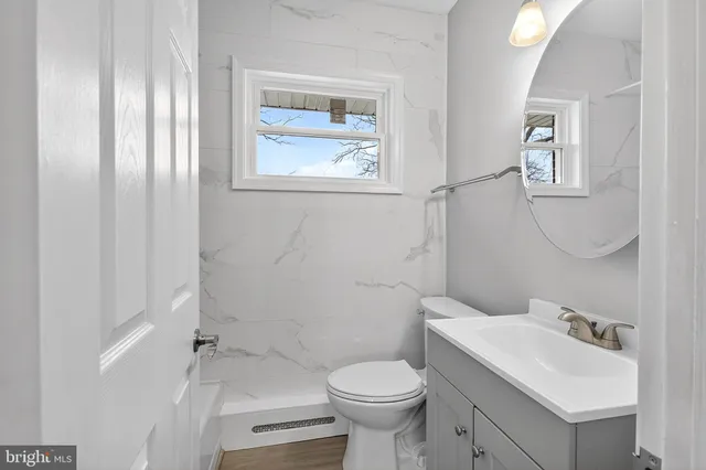 a bathroom with a toilet sink vanity and mirror