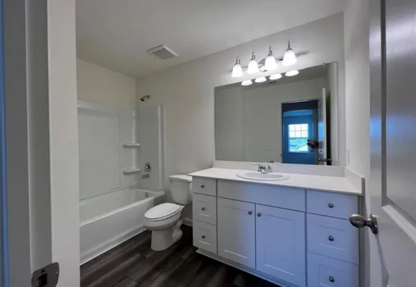a bathroom with a toilet a sink a tub and mirror