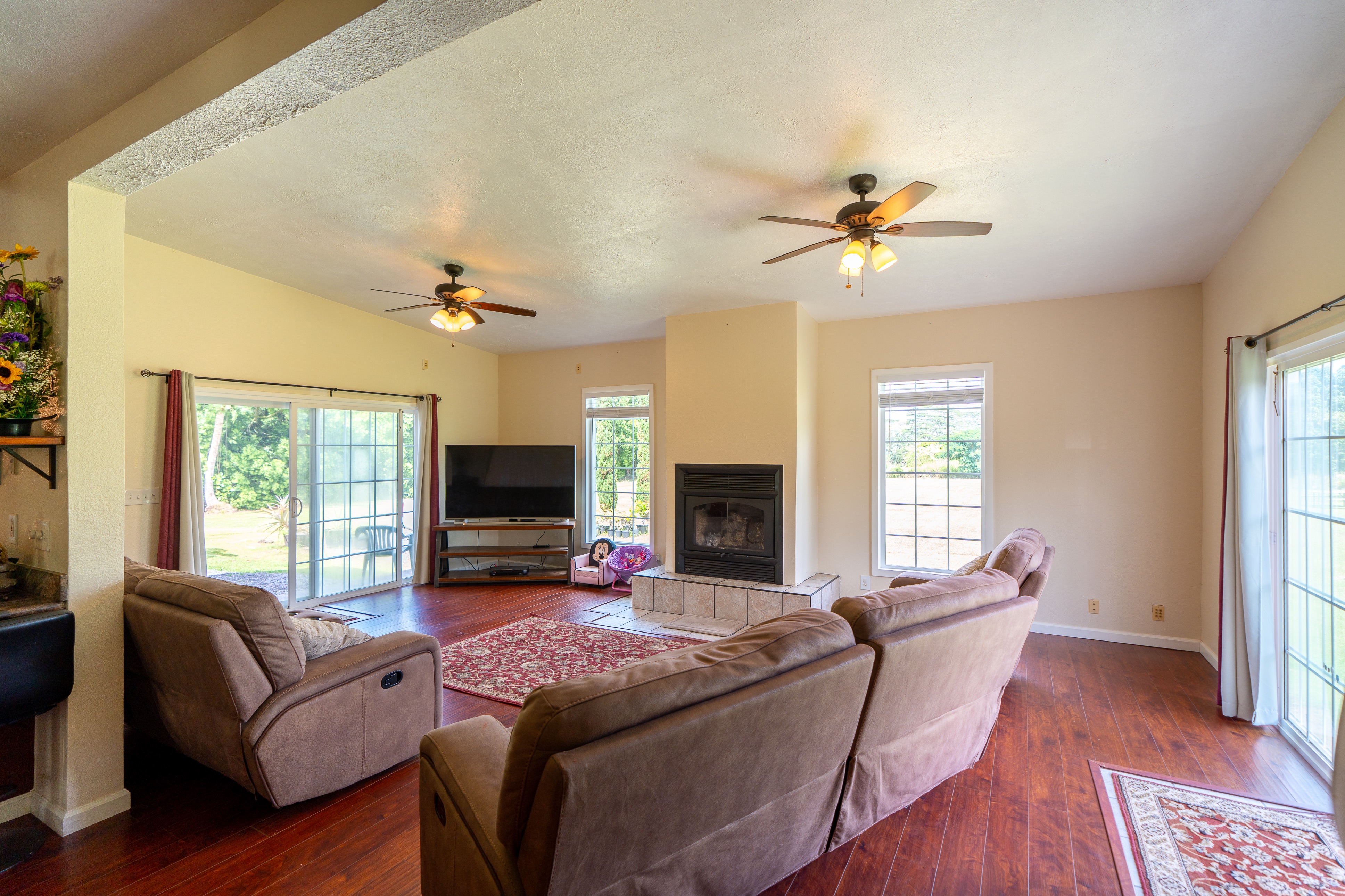 17-4044 South Road Keaau, HI 96749 - Photo 9 of 28 a living room with furniture a fireplace and a flat screen tv