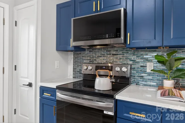 a kitchen with a stove and a microwave