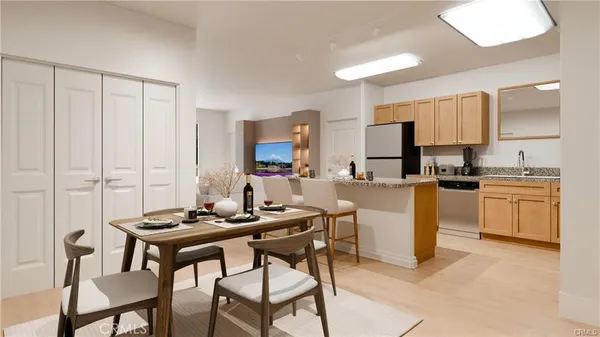 a view of a dining room with furniture