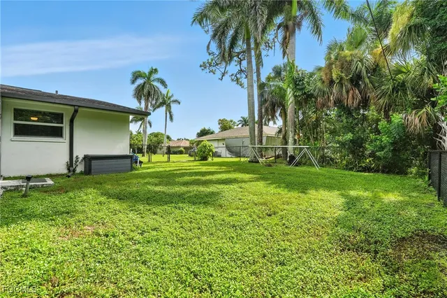 a backyard of a house with plants and palm tree