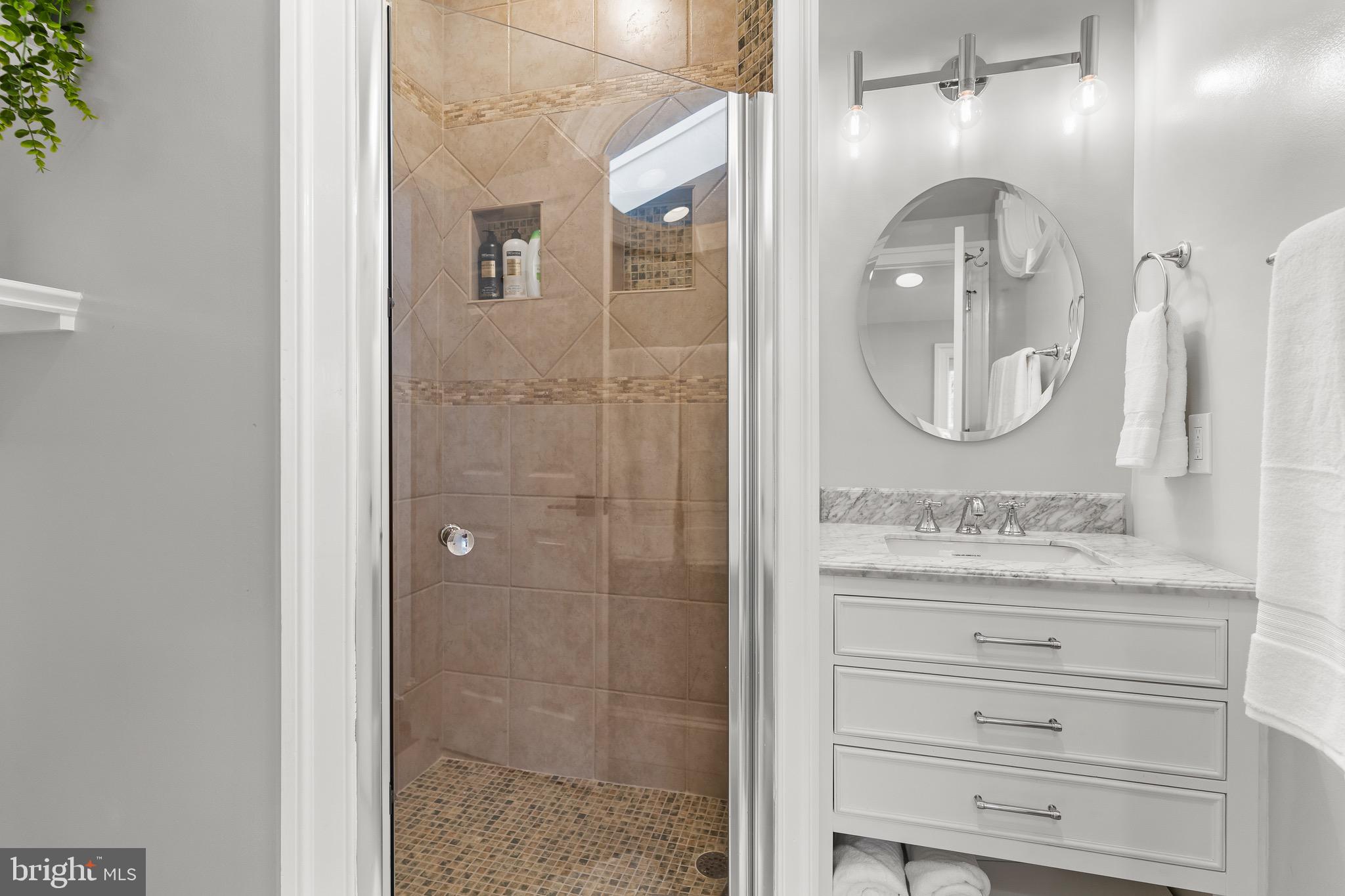 123 South Fayette Street Alexandria, VA 22314 - Photo 22 of 41 a bathroom with a granite countertop sink a mirror and shower