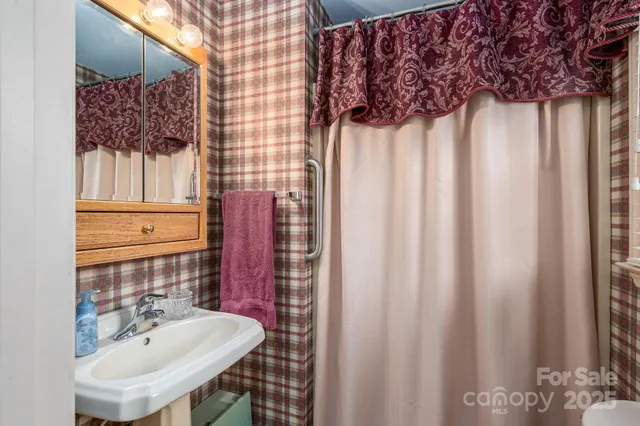 a bathroom with a sink a mirror and a shower curtain
