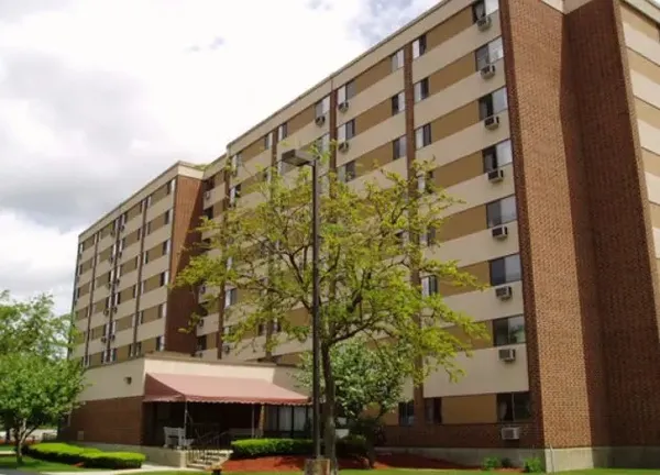 front view of a building with a street