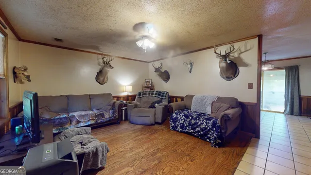 a living room with furniture and a ceiling fan