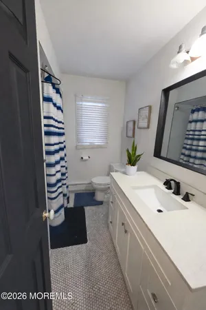 a bathroom with a sink a toilet and a mirror