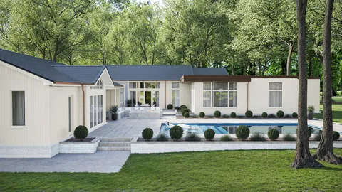 a front view of a house with a yard table and chairs