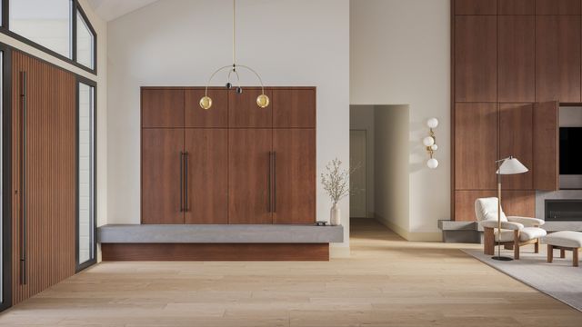 a view of a hallway with wooden floor and cabinet