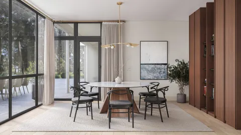 a view of a dining room with furniture and window