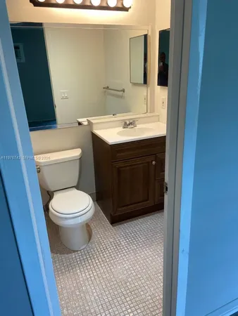 a bathroom with a sink vanity and toilet