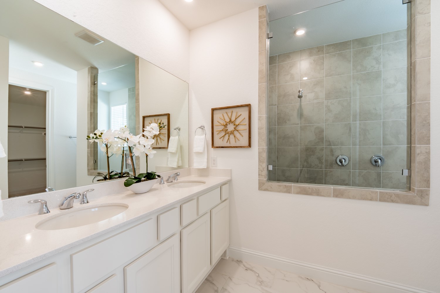1040 Villa Rialto View Leander, TX 78641 - Photo 20 of 27 Bathroom featuring double vanity, walk in shower, and recessed lighting