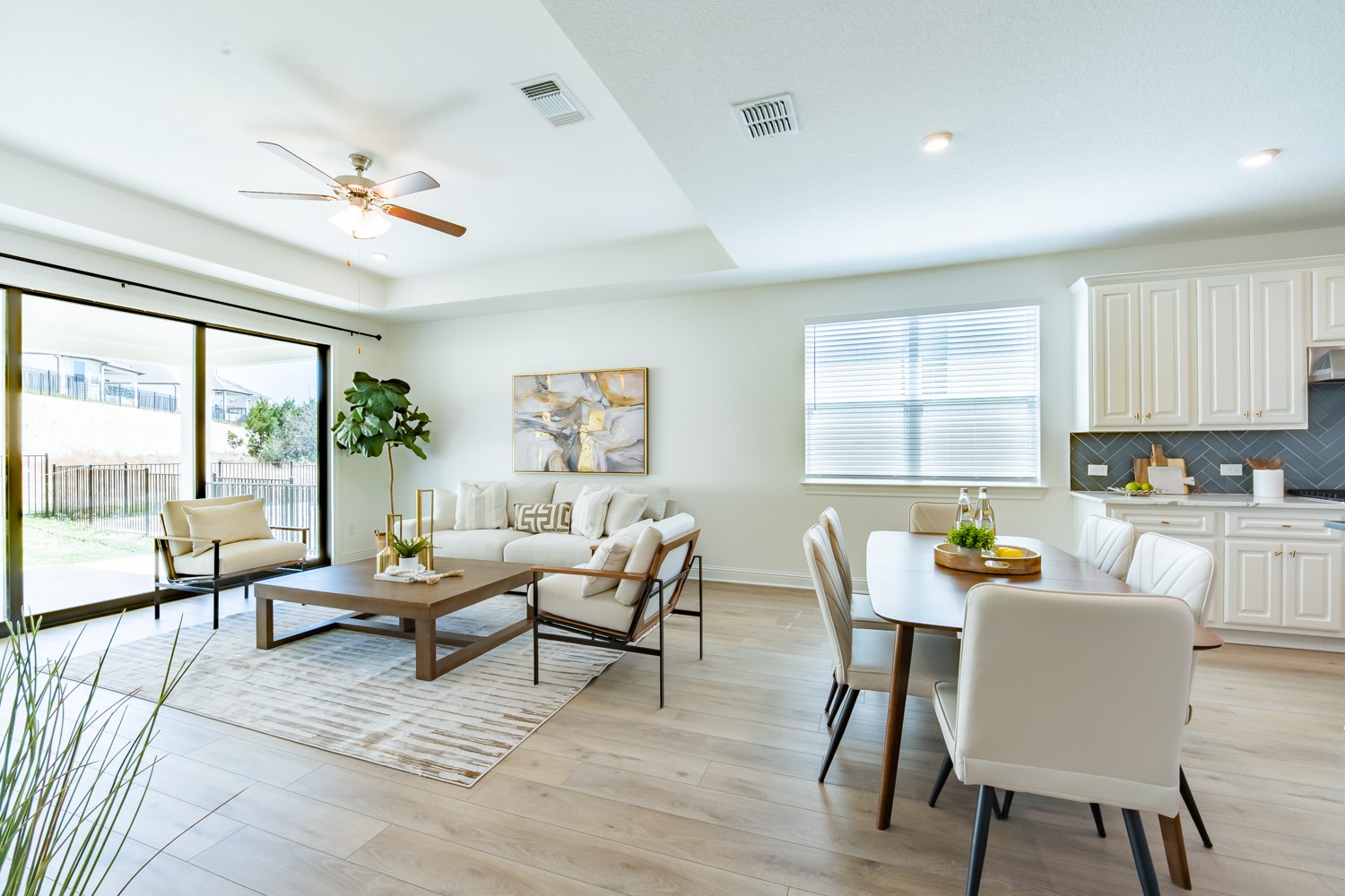 1040 Villa Rialto View Leander, TX 78641 - Photo 3 of 27 Living room with ceiling fan, light wood finished floors, and a raised ceiling