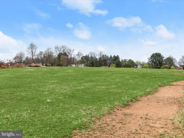 a view of a grassy field with trees in the background