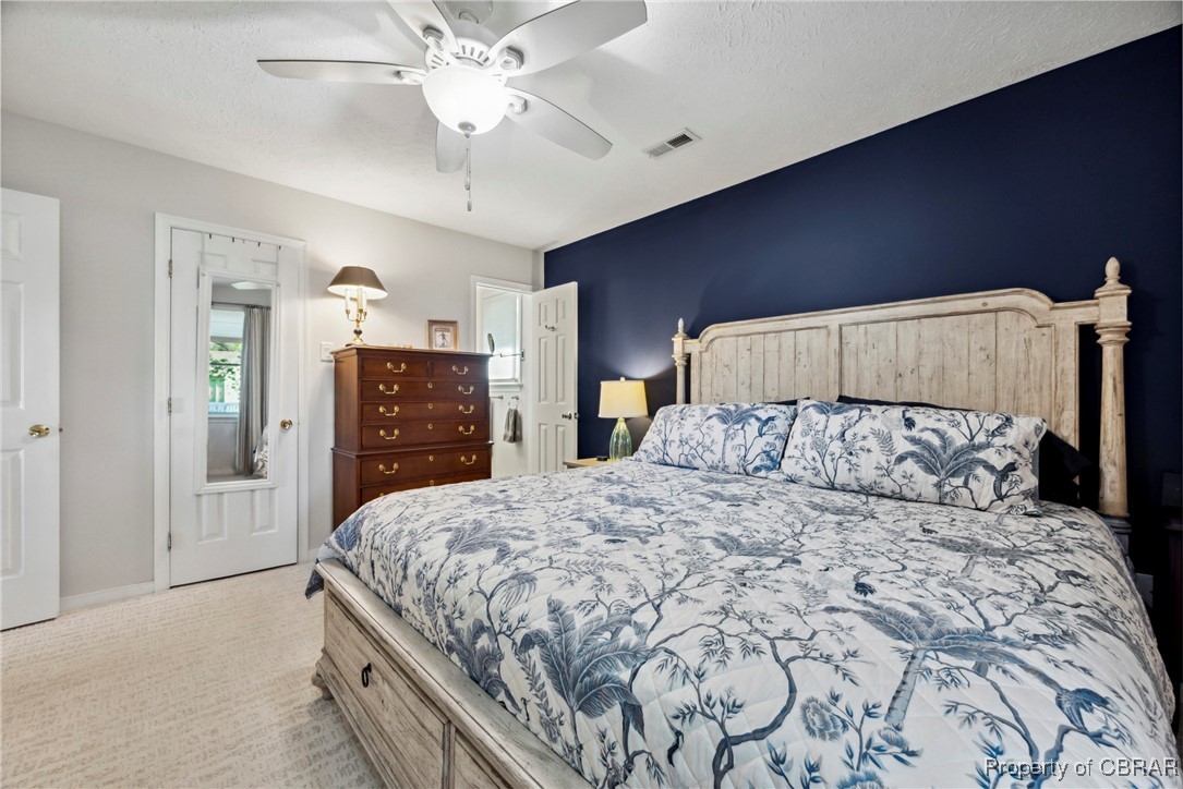 298 Old Ferry Road Hudgins, VA 23076 - Photo 16 of 48 Bedroom featuring light carpet, visible vents, and ceiling fan