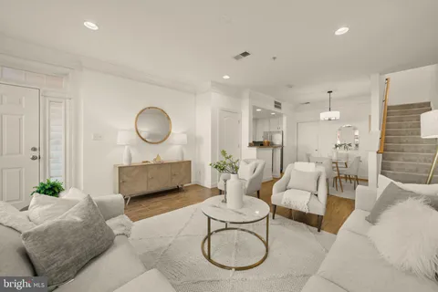 a living room with furniture a rug potted plant and a view of bathroom
