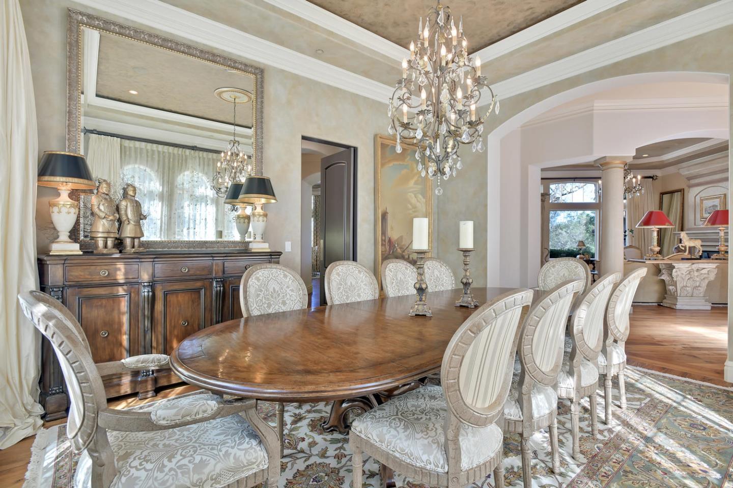 18485 Withey Road Monte Sereno, CA 95030 - Photo 8 of 39 a dining room with furniture a chandelier and wooden floor