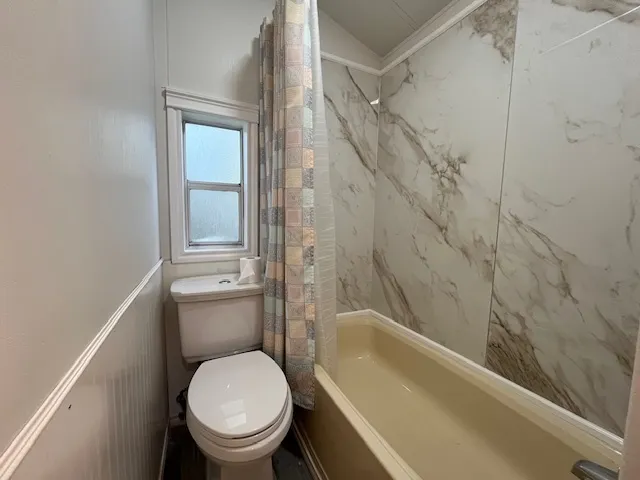 a bathroom with a toilet and a bathtub