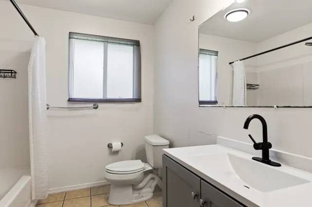 a bathroom with a sink a toilet and mirror