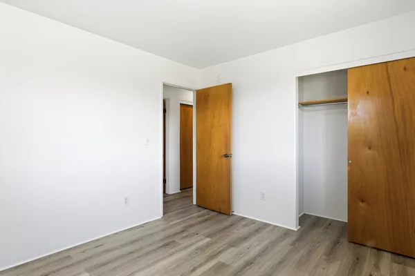 a view of an empty room with wooden floor and closet