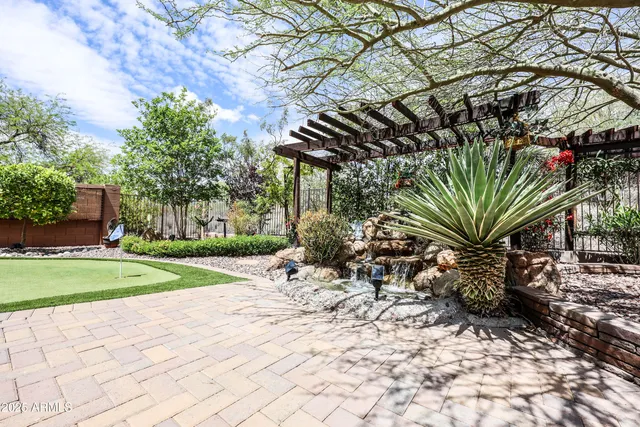 a view of a yard with plants and trees