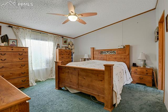 16755 Rabbit Track Trail Colorado Springs, CO 80930 - Photo 11 of 26 Bedroom with ceiling fan, ornamental molding, a textured ceiling, carpet, and vaulted ceiling